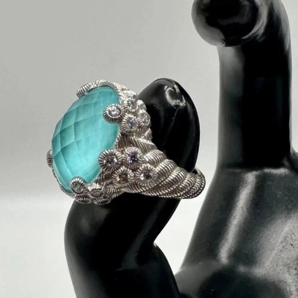 Judith Ripka Sterling Oval Turquoise and Quartz Doublet Cocktail Ring 5.75 - Picture 10 of 16